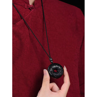 Buddha Gift Chinese Zodiac Natural Black Obsidian Peace Buckle Strength Necklace Pendant
