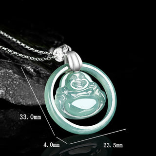 Buddha Gift 925 Sterling Silver Natural Jade Round Laughing Buddha Abundance Chain Necklace Pendant