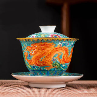 Buddha Gift Dragon Phoenix Flower Design Ceramic Gaiwan Sancai Teacup Kung Fu Tea Cup And Saucer With Lid
