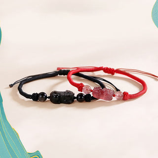 Buddha Gift Handmade Natural Silver Sheen Obsidian Strawberry Quartz PiXiu Protection Braided Bracelet